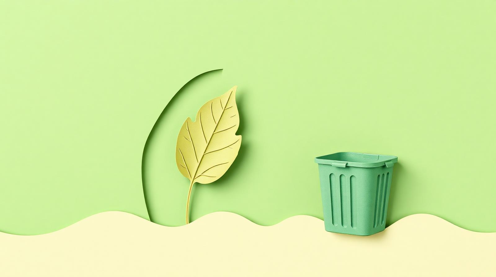 Editorial paper-cut illustration of compostable food packaging, a leaf and a small compost bin in forest green and cream.
