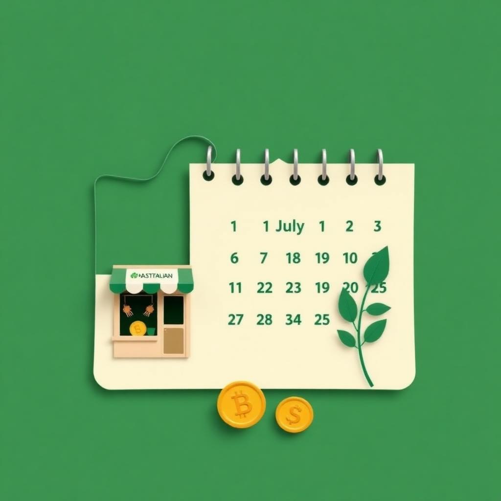 Editorial paper-cut illustration of a calendar page marked 1 July with a small storefront, gold coins and a leaf, in forest green and cream.