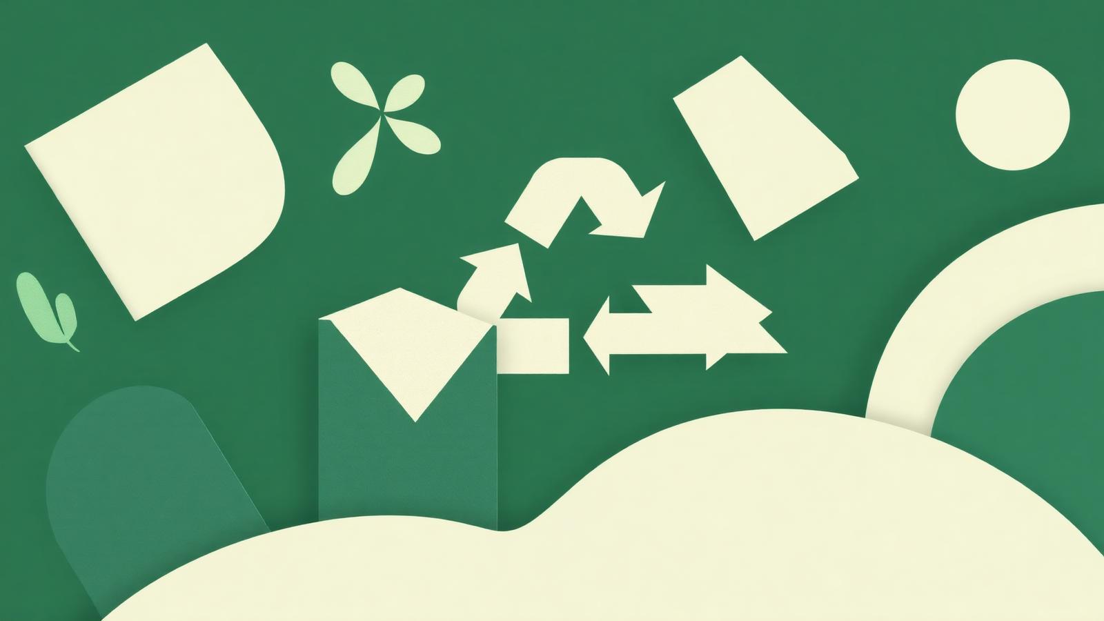 Editorial paper-cut illustration of recyclable packaging shapes and a recycling arrow in forest green and cream.